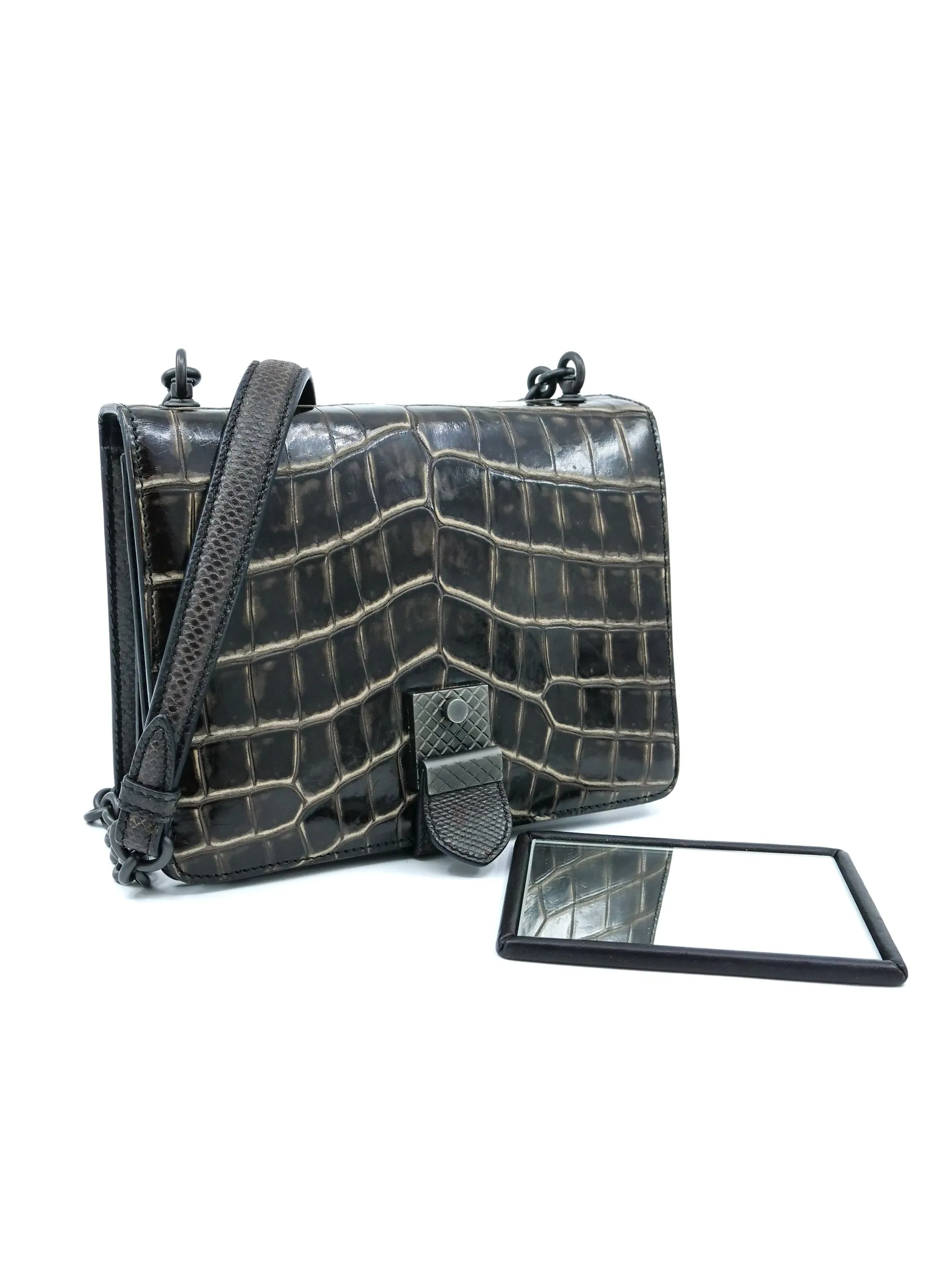 2017 Bottega Veneta Embossed Crocodile Accordion Chain Bag