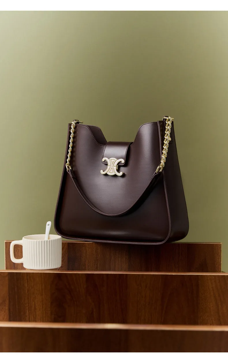 30CM women's handbag chain leather armpit bucket mother handbag 2927 coffee