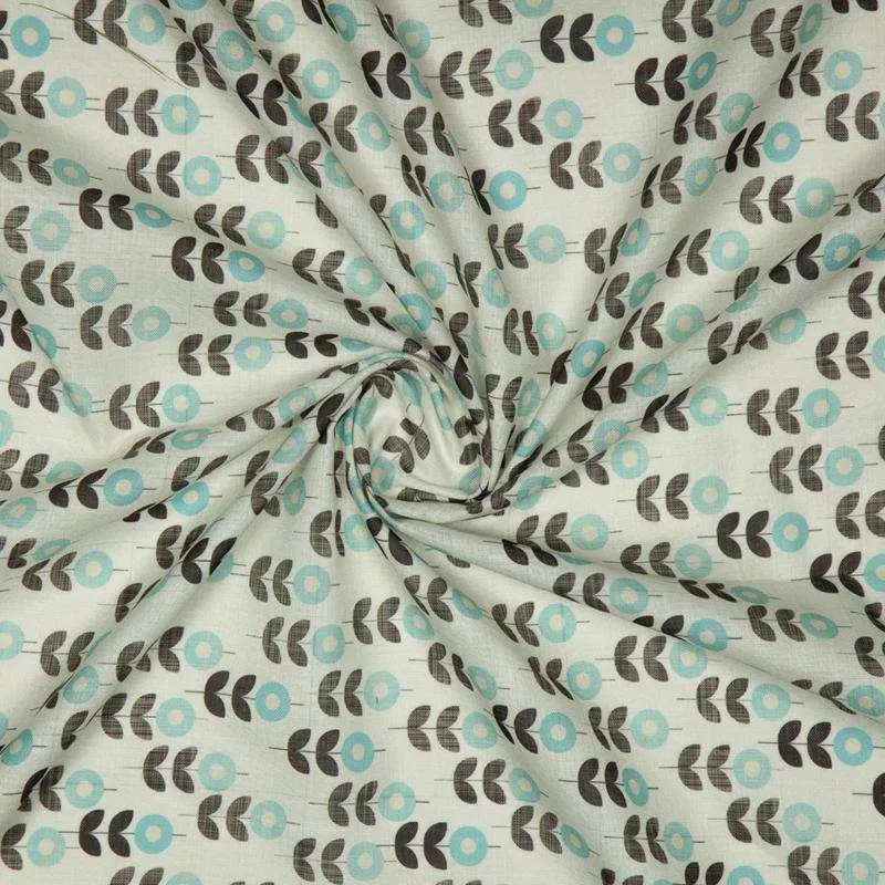 Beige Floral Digital Print Linen-Textured Fabric (Width 56 Inches)