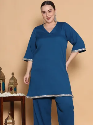 Blue Textured Short Kurti - Embellished