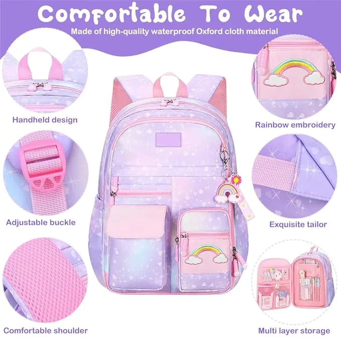 Cute Rainbow Backpack for Small Primary School Kids with Multiple Zip Pockets and Anti-Theft Pocket