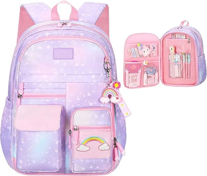 Cute Rainbow Backpack for Small Primary School Kids with Multiple Zip Pockets and Anti-Theft Pocket