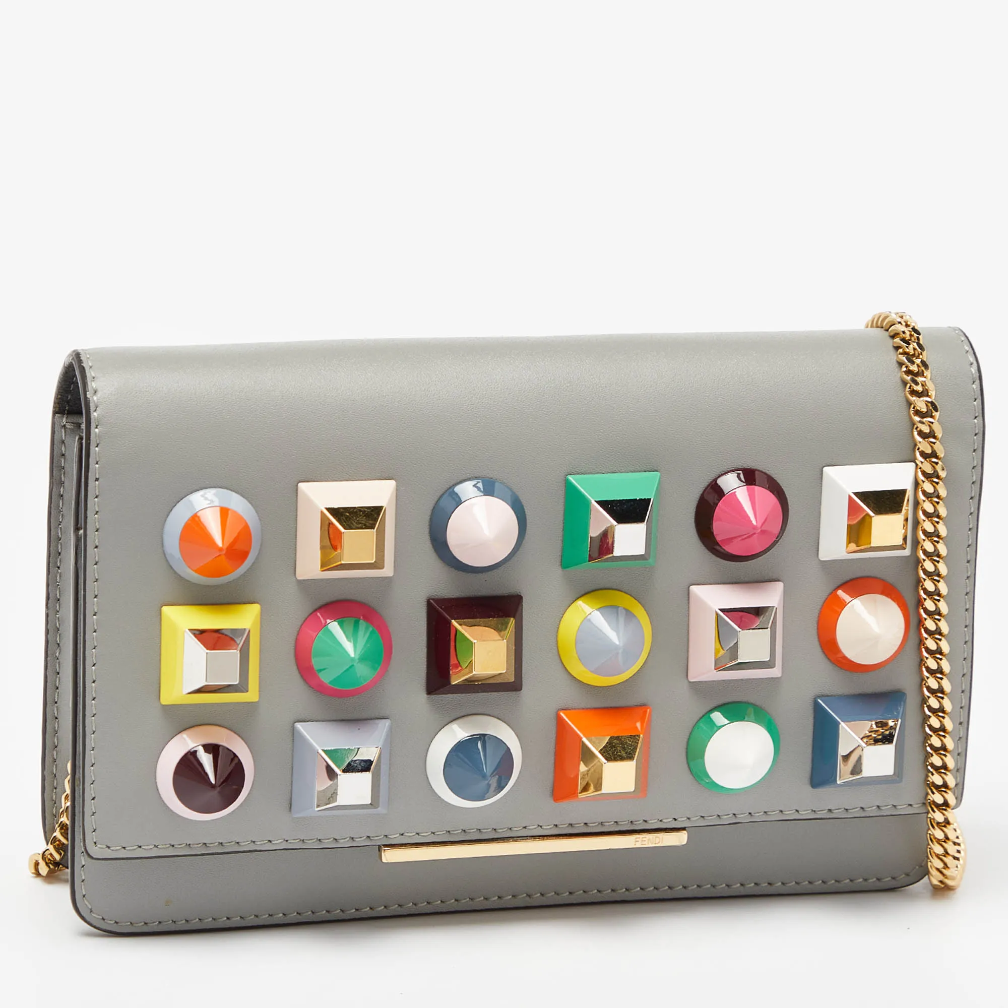 Fendi Grey Leather Rainbow Stud Tube Wallet On Chain