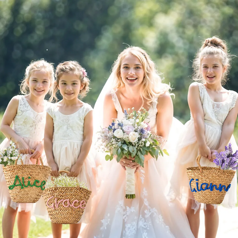 Personalized Embroidered Name Bags Straw Basket Bridal Shower Bags Customized Straw Bags Custom Wedding Bag Straw Tote