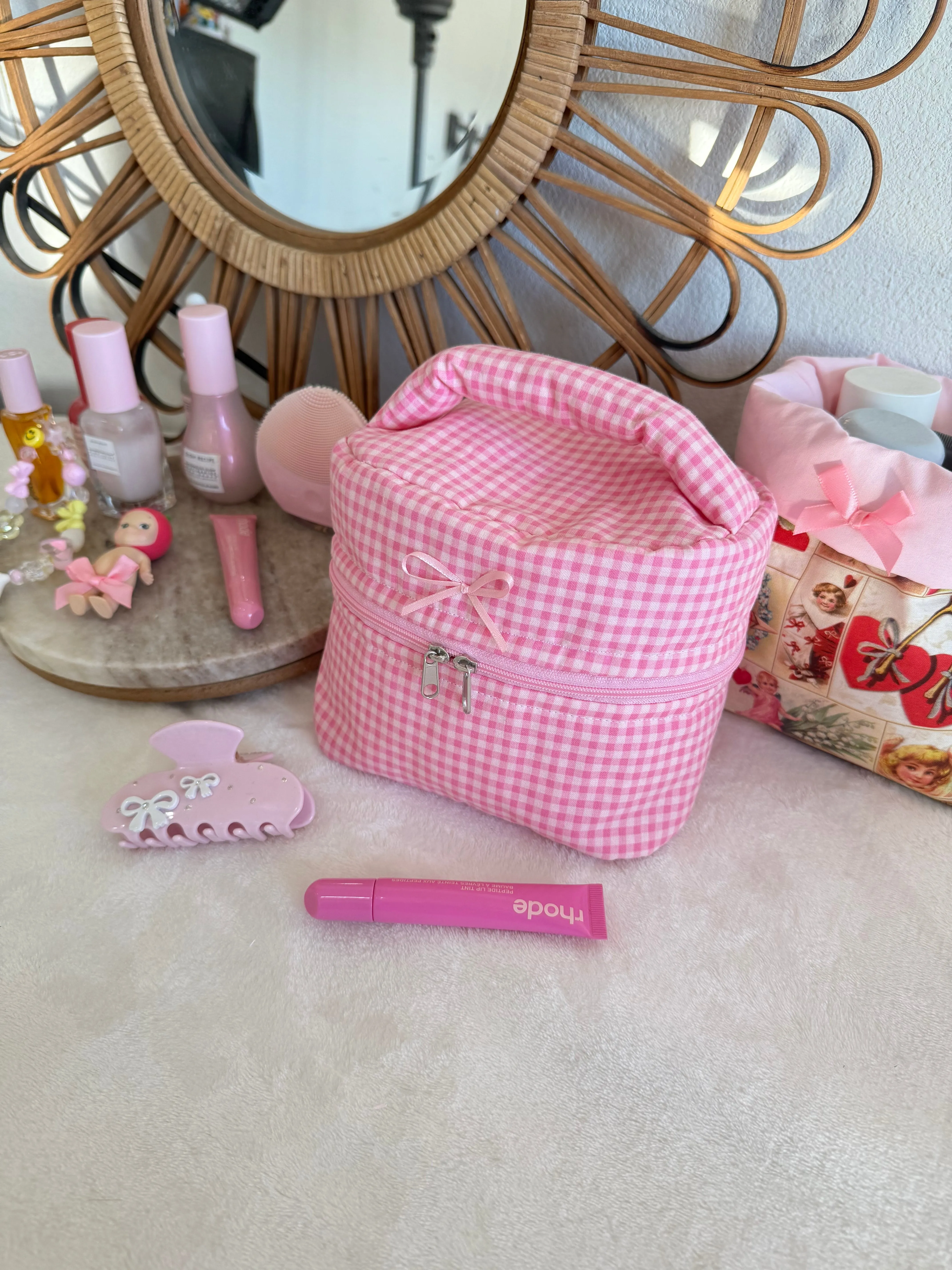 Pink Gingham Vanity Makeup Bag