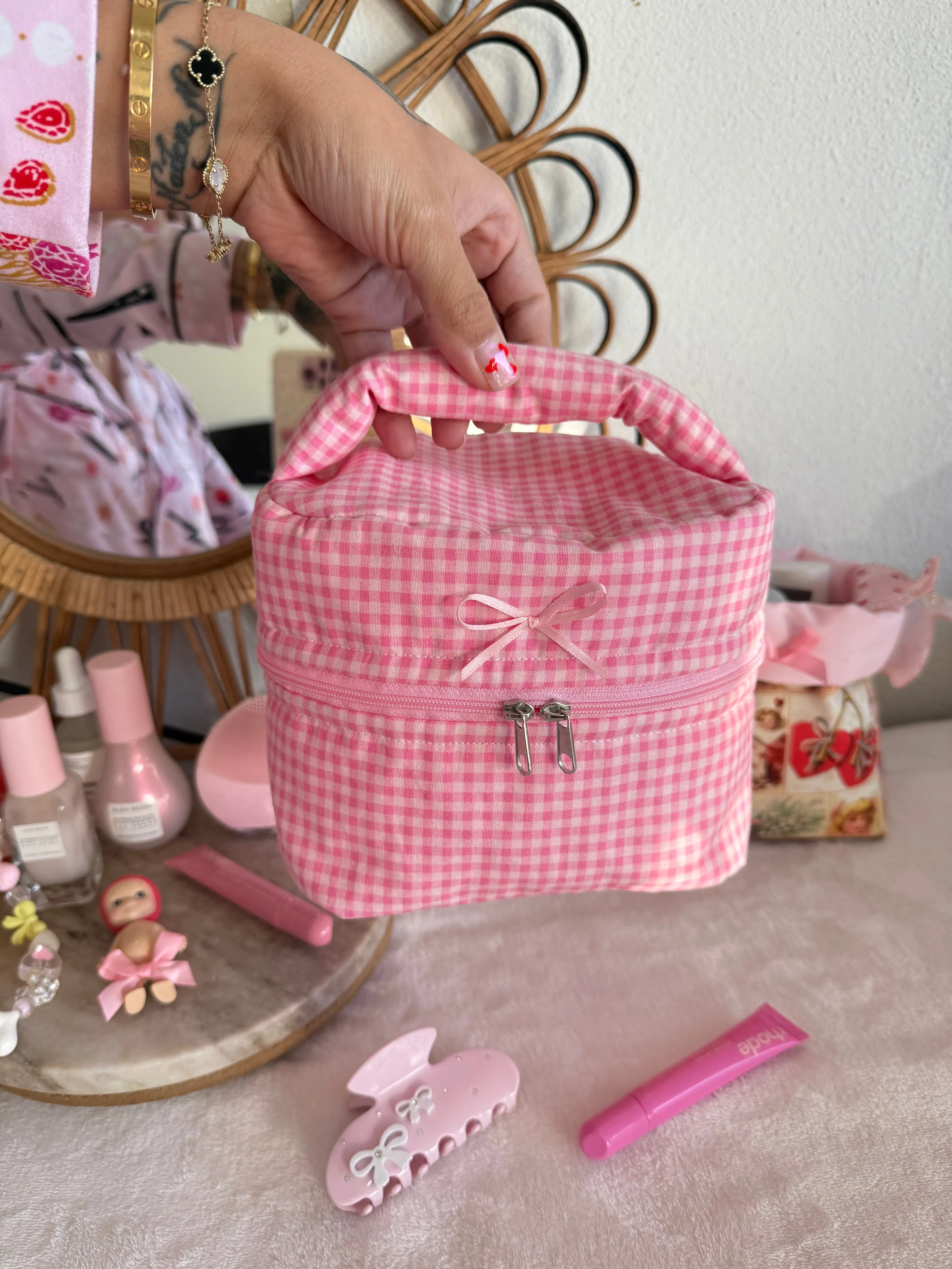 Pink Gingham Vanity Makeup Bag