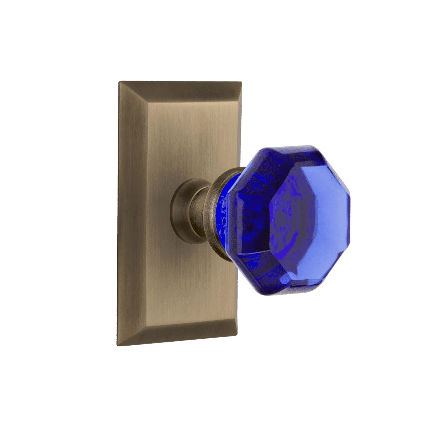 Studio Short Plate with Cobalt Waldorf Knob in Antique Brass