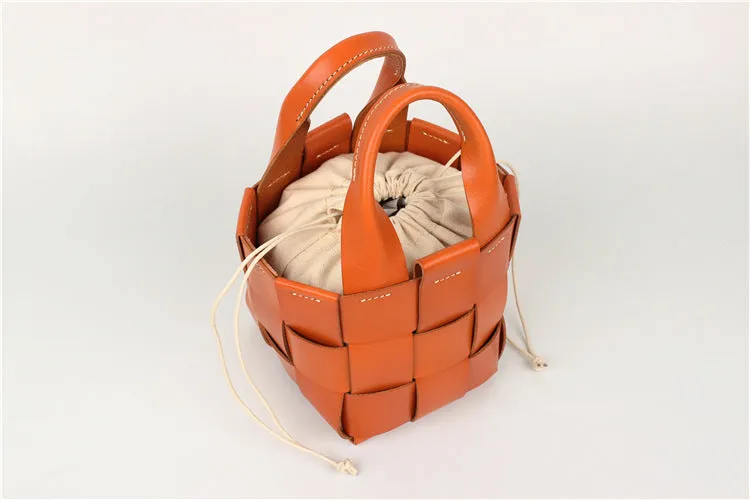Vintage Womens Woven Leather Bucket Handbags Cross Shoulder Bag For Women