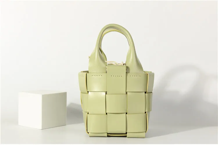 Vintage Womens Woven Leather Bucket Handbags Cross Shoulder Bag For Women
